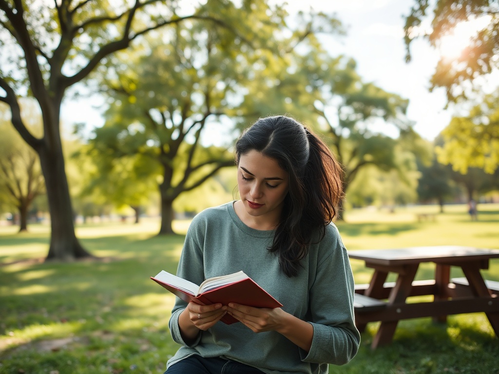 Девушка читает книгу на лужайке в парке, окружённая зелеными деревьями и спокойной атмосферой.