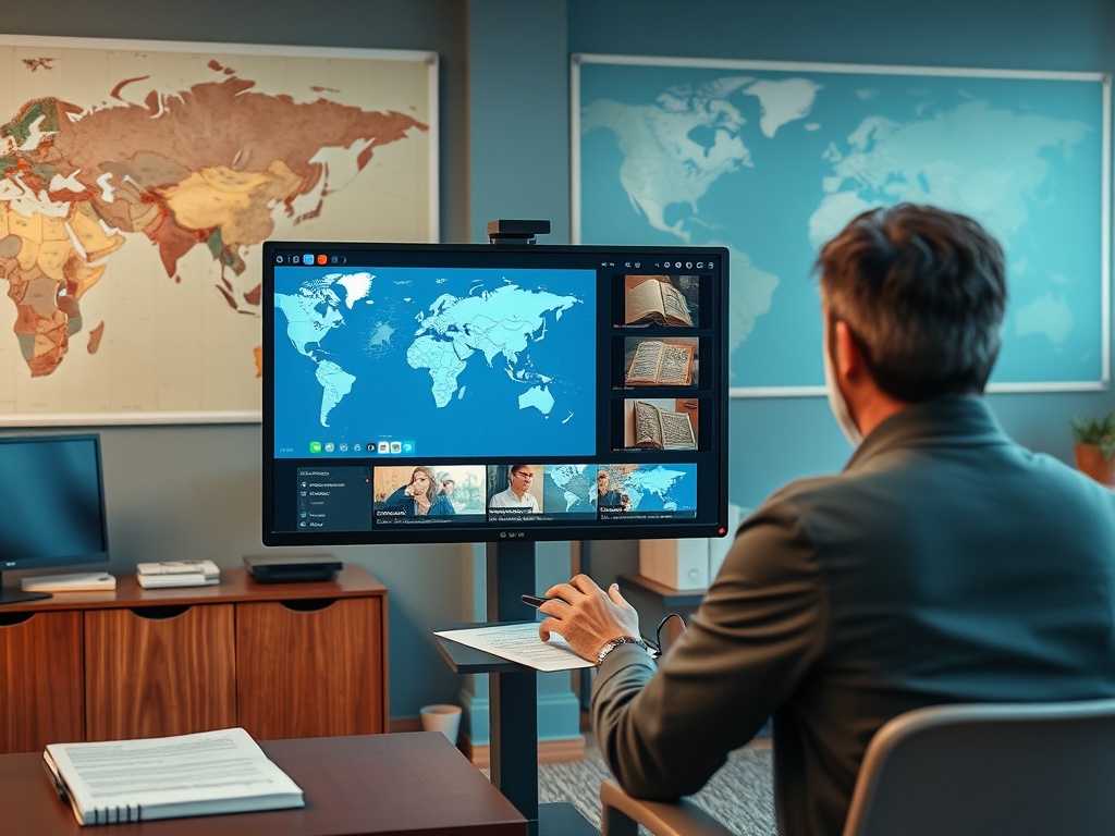 Человек сидит за столом, участвует в видеоконференции на фоне карты мира. На экране — карта и лица участников.