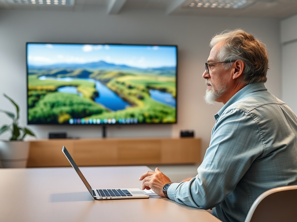 Пожилой мужчина с ноутбуком смотрит на экран с пейзажем в современных офисных условиях.