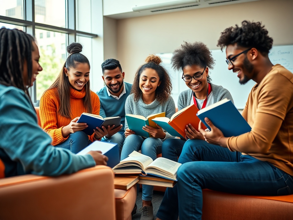 Группа людей читает книги в уютной комнате, делая заметки и обсуждая прочитанное с улыбками на лицах.