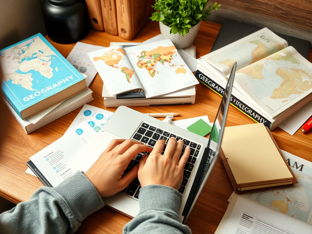 На столе с ноутбуком и книгами по географии видны ручки и заметки, создавая учебную атмосферу.