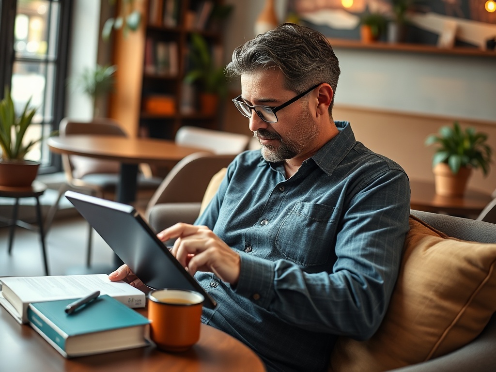 Мужчина использует планшет, сидя в удобном кресле с книгами и чашкой кофе на столе.