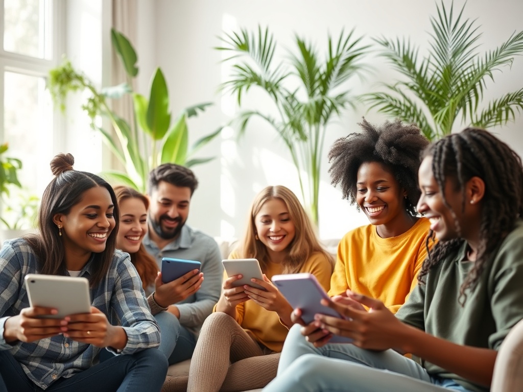 Группа друзей, сидящих на диване и увлеченно использующих свои смартфоны и планшеты. Зеленые растения вокруг.