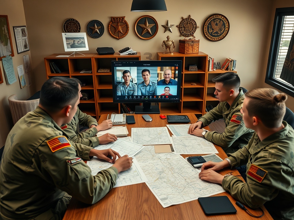 Военные на онлайн встрече, обсуждают планы, карты и тактики в уютном офисе.