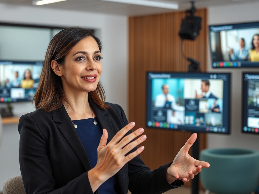 Женщина в деловом костюме, говорящая на фоне экранов с изображениями и видеозвонками.